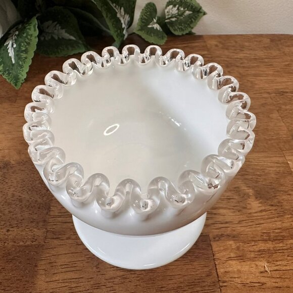 Fenton Silver Crest Crimped White Milk Glass Pedestal Bowl Vintage Wedding Decor - Picture 4 of 5